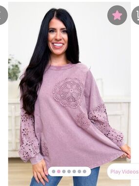 Easel Boho Crochet Appliqué Pullover Top - Mineral Washed Mauve Color